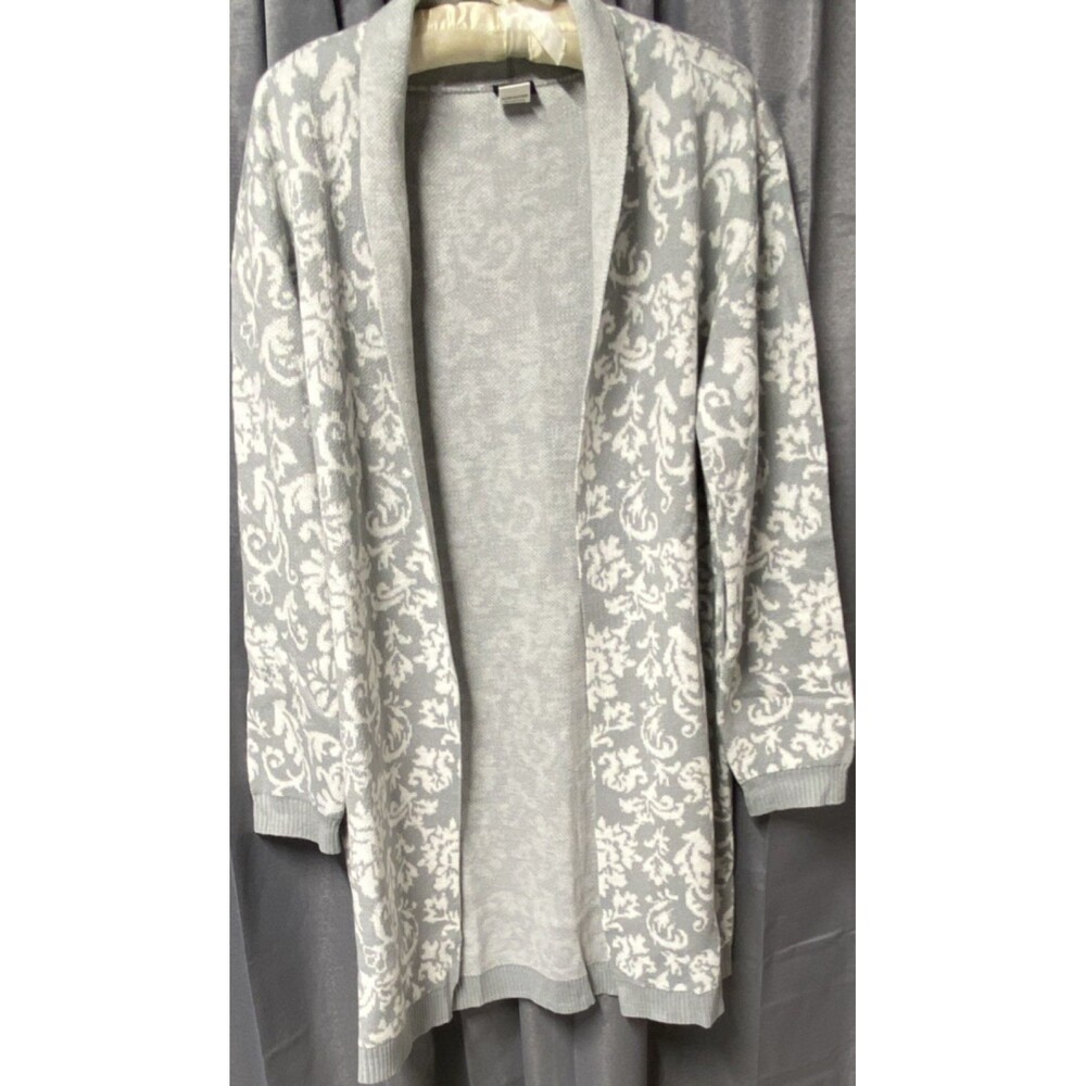 Salon Studio Gray White Floral Knit Cardigan Sweater M 100% Acrylic Open Front